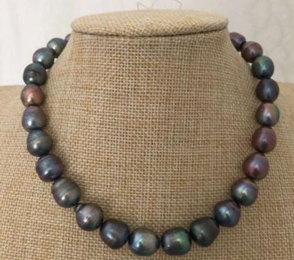 

stunning 12-13mm tahitian black green red pearl necklace 18 inches silver