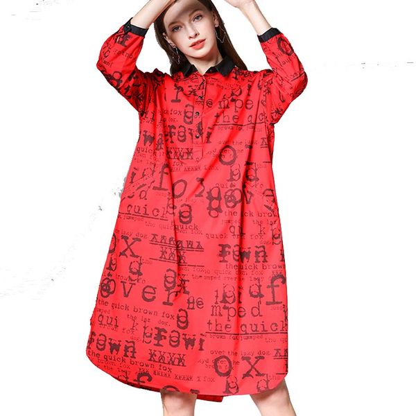 

plus size shirt dress 2020 korean fashion autumn women vintage letter print long sleeve dresses loose elegant white button dress, Black;gray