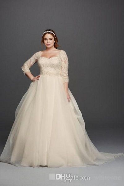 2019 princesa jardim vestidos nupciais oleg cassini luz champanhe lace plus size vestidos de noiva colher pescoço 3/4 mangas compridas cobertas botões