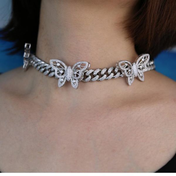 

12mm wide hip hop miami cuban chain necklace with 40mm butterfly charm pendant choker necklace for women iced out jewelry, Silver