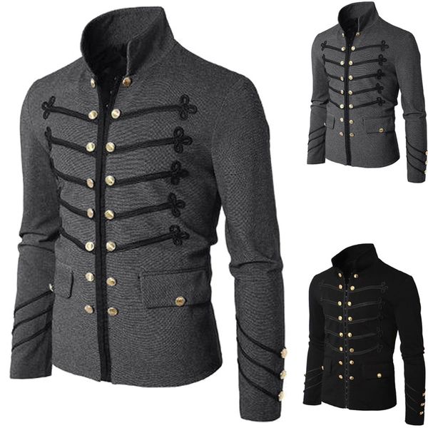 

men vintage military jacket gothic military parade jacket embroidered buttons solid color retro uniform cardigan outerwear, Black;brown