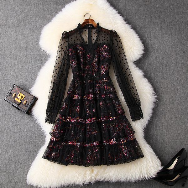 

new european and american women's dresses for spring 2020 long-sleeved v-neck wave point splicing heavy sequins fashion dress, Black;gray