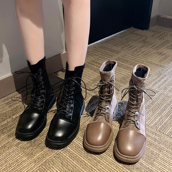 

round toe boots women new 2019 low heels booties platform sports shoes woman booties ladies luxury designer lace up winter, Black