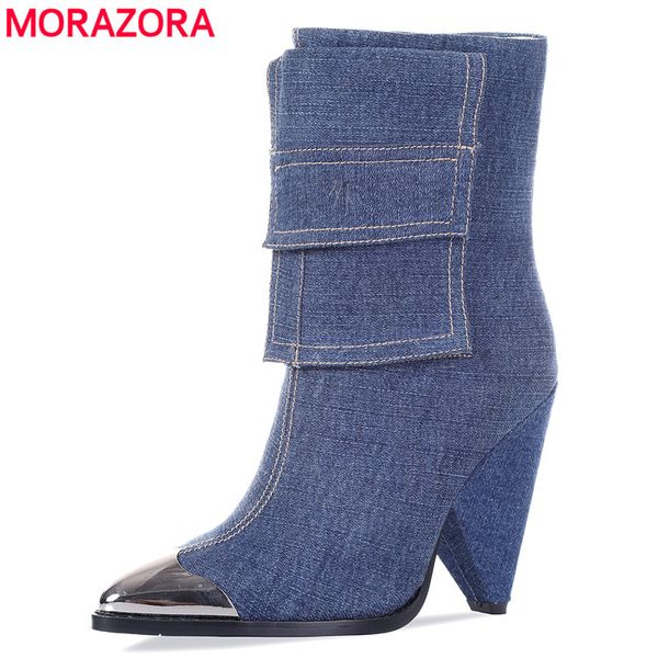 

morazora 2020 new fashion ankle boots women metal pointed toe denim high heels shoes vintage autumn winter boots woman, Black