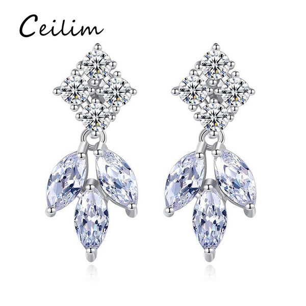 

fashion designer cubic zirconia flower leaf dangle earrings for women bridal wedding chandelier ear earring party jewelry gift, Silver