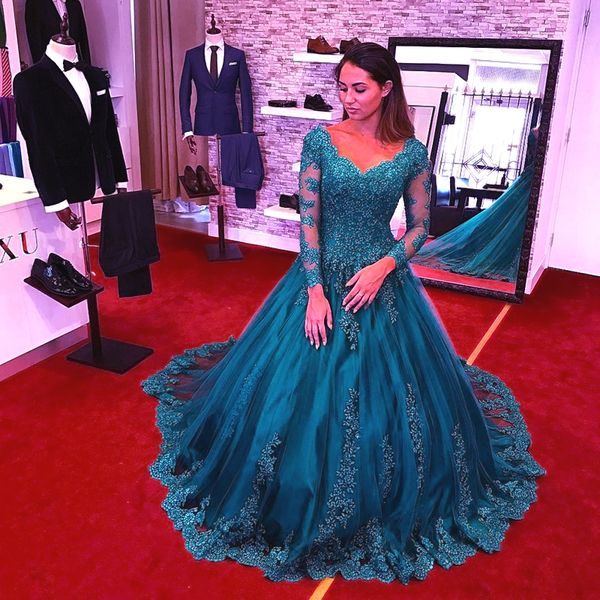 

new elegant lace a-line evening dresses v neck long sleeve appliques a line formal occasion dresses custom made dh137, Black;red