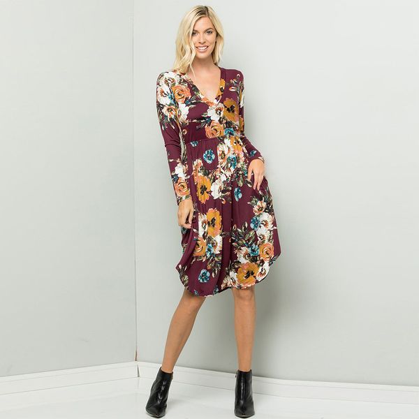 

women's suit street trend v-neck waist print a-line skirt long sleeve dress in autumn and winter, Black;gray
