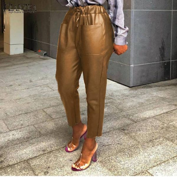 

fashion pu leather pants women's spring trousers zanzea casual elastic waist long pantalon palazzo female solid turnip plus size, Black;white