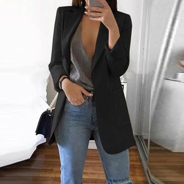 

blazer cardigan formal suit women solid open front pockets long sleeve coat office wear for women garnitur damski suit, White;black