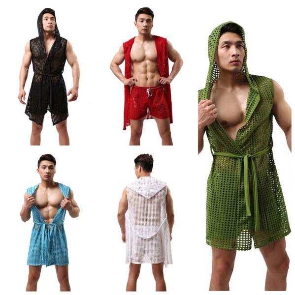 

lingerie men summer fashion bathrobe man home sleepwear cute see through net sheer clothing fishnet pajama lounge, Black;brown