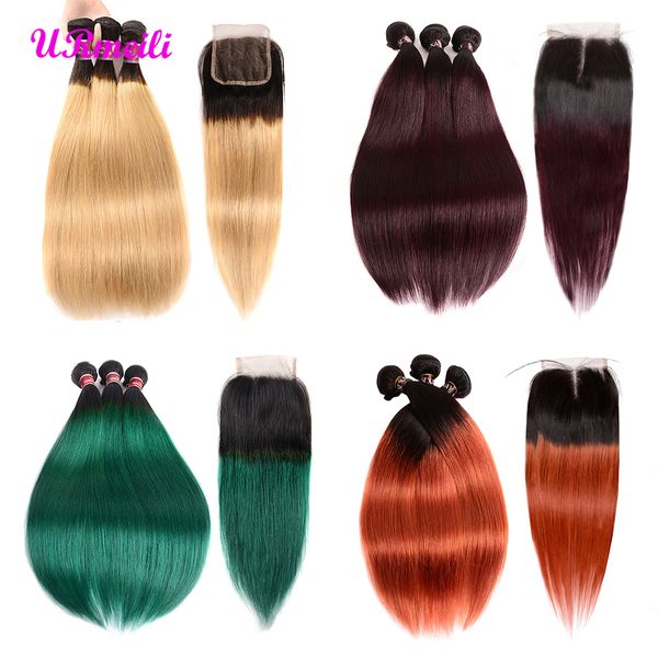 

ombre hair 3 bundles with closure brazilian straight human hair t1b/27 t1b/pink t1b/blue t1b/350 t1b/purple bundles with closures, Black;brown