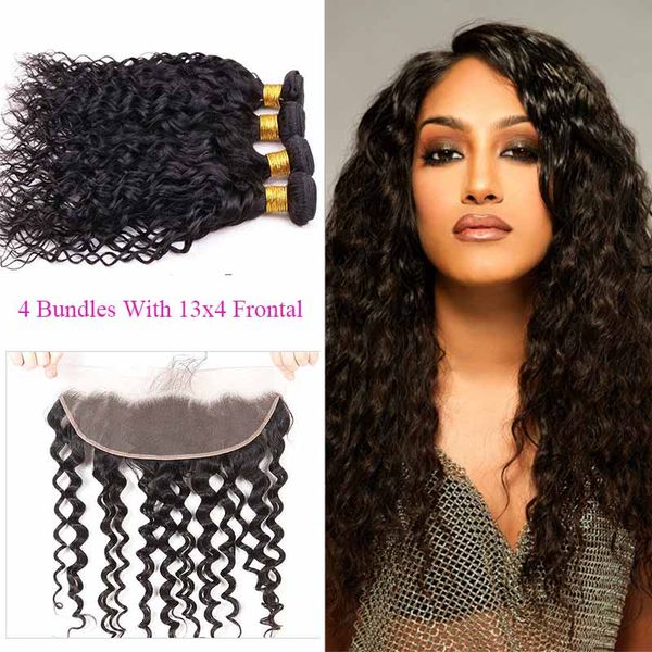 

brazilian water wave virgin human hair bundles 4 bundles with 13x4 lace frontal wet weave remy human hair extensions drop shipping, Black