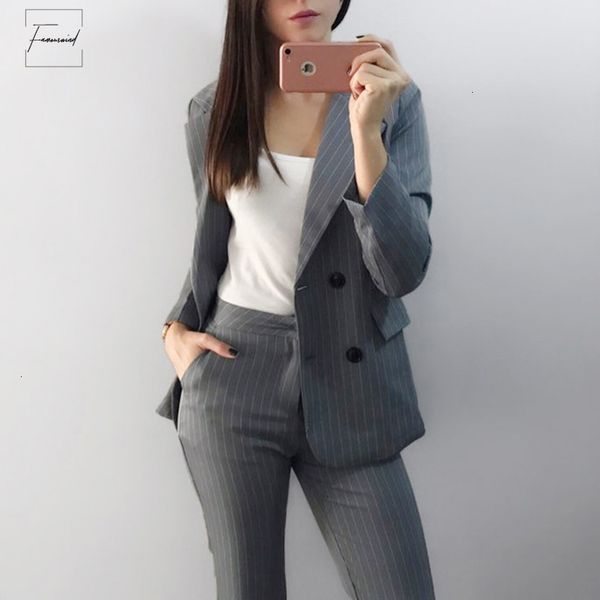 

fashion suits pant full length work 2 set for women double breasted striped lady jacket trouser office suit feminino 2019, Black;white