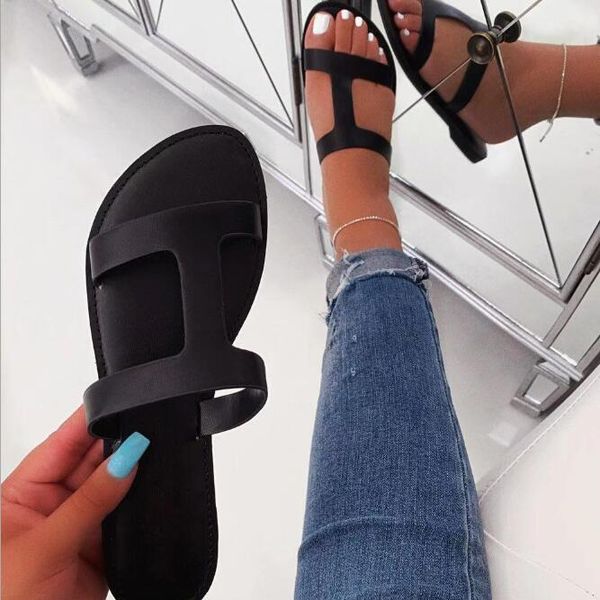 

women beach flip flop leather sandals new flat with soft bottom non-slip rubber outdoor fashion wild college wind slippers, Black