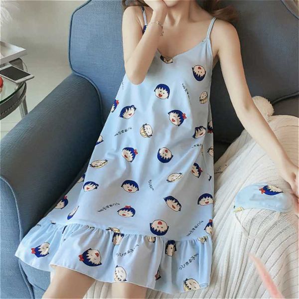 

women's cotton condole belt nightwear ladies v-neck cute cartoon printed nightgown summer girls nightdress home clothes, Black;red