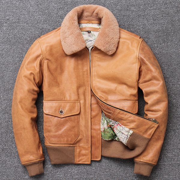 

2020 g1 air force pilot genuine leather jacket men cowhide bomber jacket fur collar motorcycle biker clothing leather coat male, Black