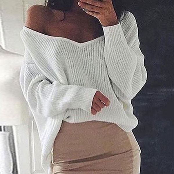 

womens sweaters 2020 autumn winter casual v neck women pullover solid long sleeve fashion loose knitted cashmere top, White;black