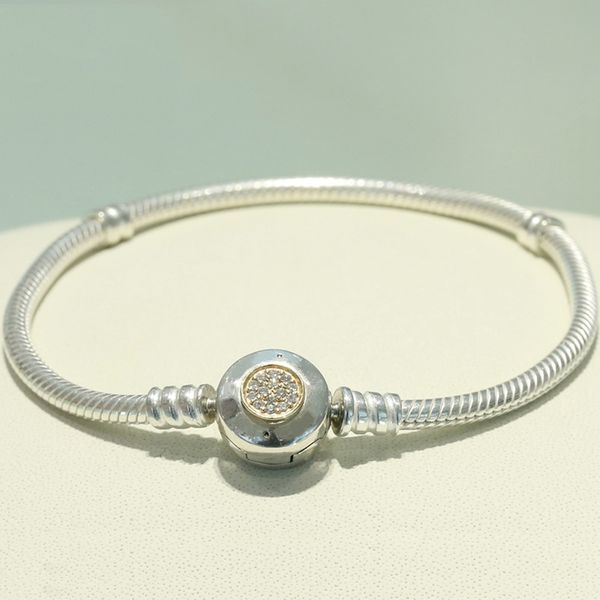 

real silver & 14k gold snake chain bracelet for pandora charms style classic clear cz bangle fashion party jewelry with box, Golden;silver