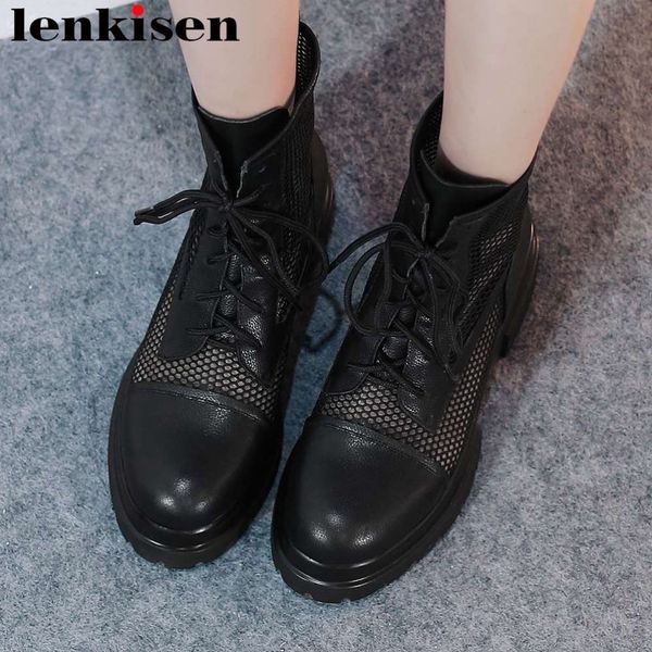 

handsome motorcycle boots natural leather mesh med heel platform lace up round toe mesh big size european style summer boots l17, Black