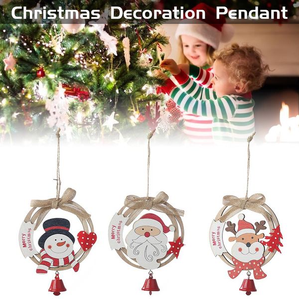 

wooden christmas wreath pendant old man elk christmas tree ornament bow ring with bell hanging plate home decoration