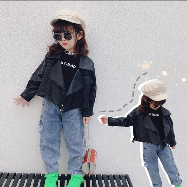 

детские девочки черные pu кожаные куртки 2019 осень новый длинным рукавом рыхлый кожаные пальто для детской одежды малыша топы 2-8y ws1085, Blue;gray