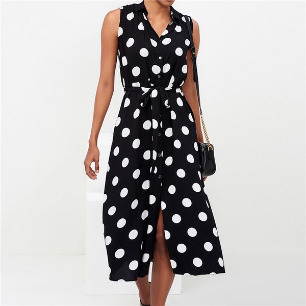 

long dress women summer polka dot beach chiffon dresses boho style casual party turn down collar office shirt dress vestido, Black;gray