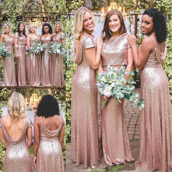 

sparkly rose gold mermaid bridesmaid dresses 2019 short sleeves backless long beach sequins maid of honor bridesmaid gowns bm023, White;pink