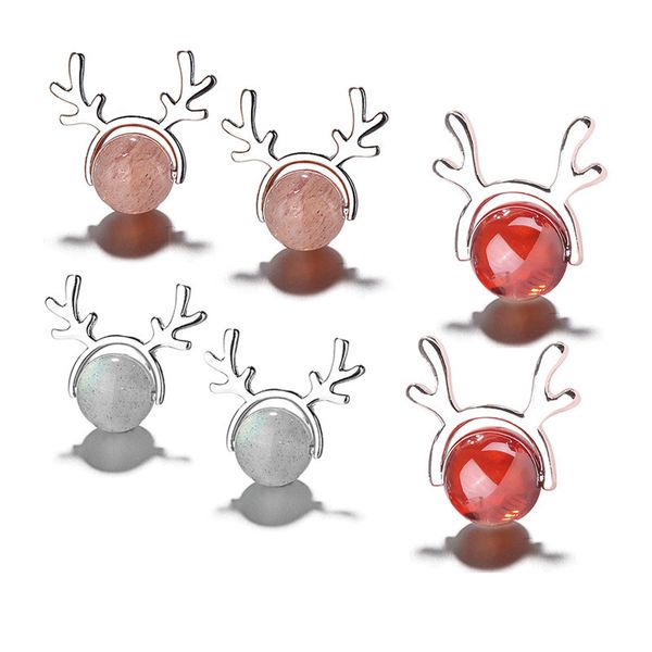 

new fashion 925 silver plated reindeer earrings for women christmas gifts natural moon stone strawberry crystal garnet stud earring, Golden;silver