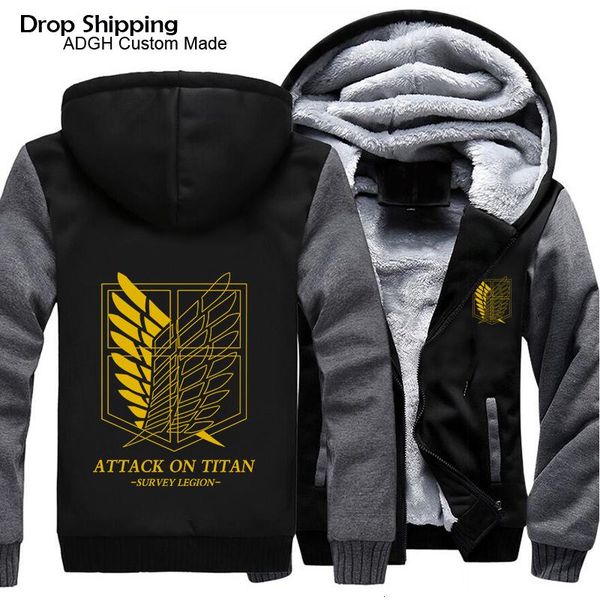 

us size attack on titan survey corps coat zipper hoodie shingeki no kyojin winter fleece cosplay thicken jacket clothing, Black