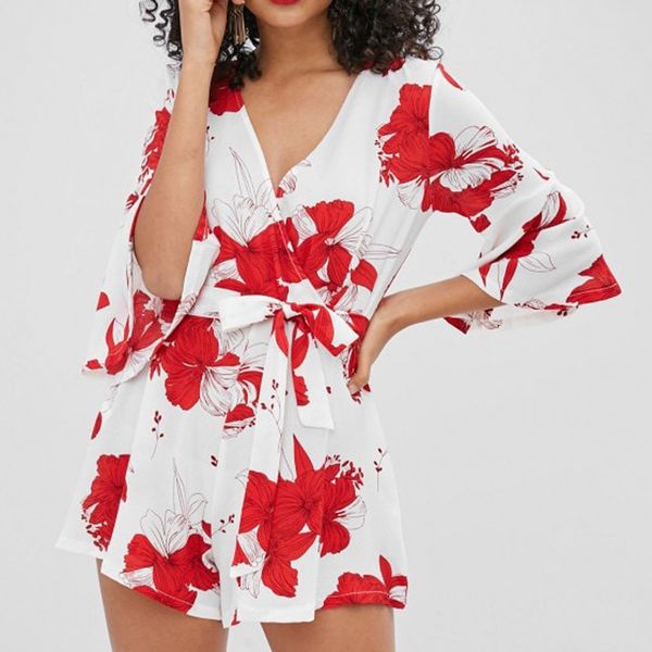 

cross v-neck flare sleeve bandage floral print casual jumpsuits selling women long sleeve bodysuit bodycon romper 10, Black;white