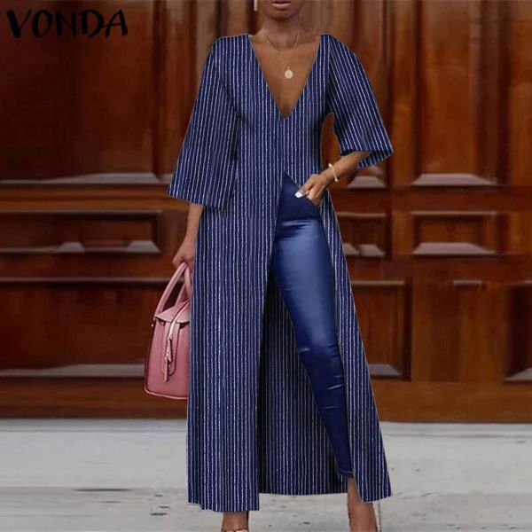 

shirts women vintage striped split shirts lady v neck party summer irregular tunic vonda 2020 casual blusa, White