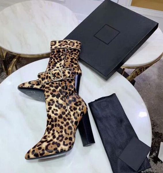 

luxury designer womens martin short ankle high heel autumn winter boots leopard print horse hair brand buckle shoes size 35-41, Black