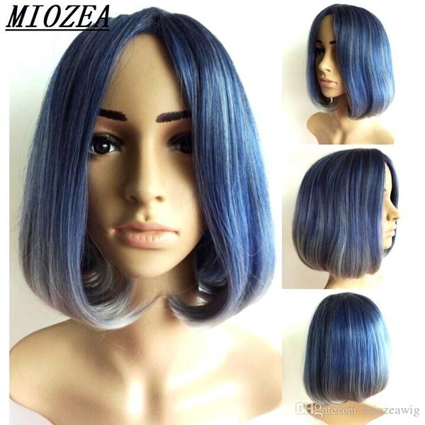 Hair Black Blue Mix To Ombre Gray Synthetic Wig Short Wavy Heat Resistant Hair For Women Wig 12inch Long Cheap Wigs With Bangs Wig For Black Women