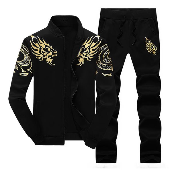 

sports suit men's chinese style bibcock print long sleeve casual pants cardigan two piece suit