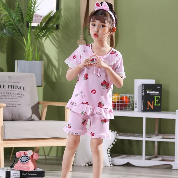 

lovely prints kids pajamas sets cotton sleepwear suit summer girls pajamas short-sleeved +pants 2pcs children sleep clothes, Blue;red
