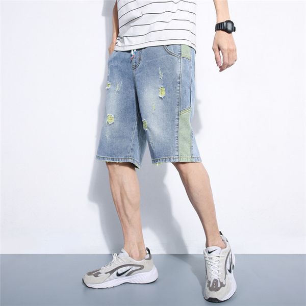 

high street mens hole jean shorts summer fashion casual demin short plus size men hit color knee length shorts, White;black