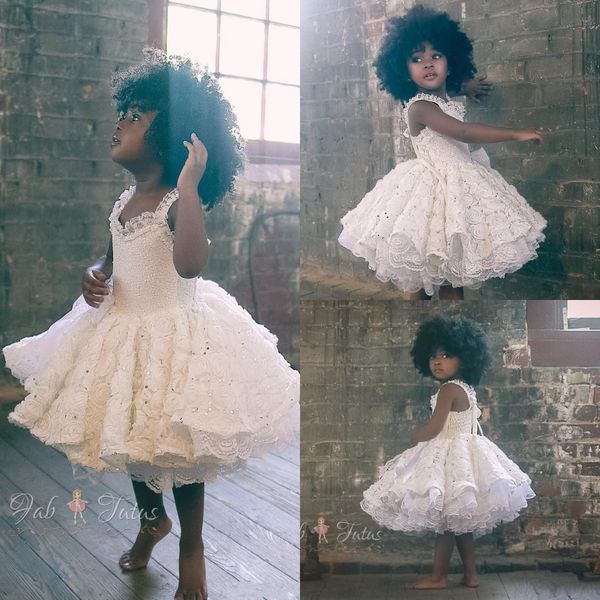 

pretty sequined kids flower girls dresses ruffled lace ball gown knee length little girl pageant dress for wedding