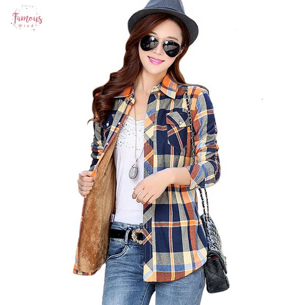 

women winter velvet thick keep warm plaid blouses long sleeve buttons shirt pocket shirt feminine shirts checked women, White