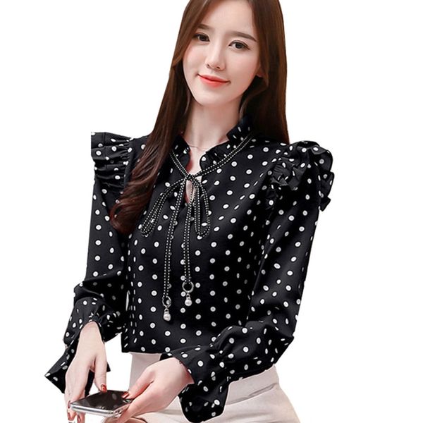 

2019 spring new flare sleeve leopard print chiffon blouses fashion long-sleeved shirt slim elegant ruffled bow blouse casual top, White