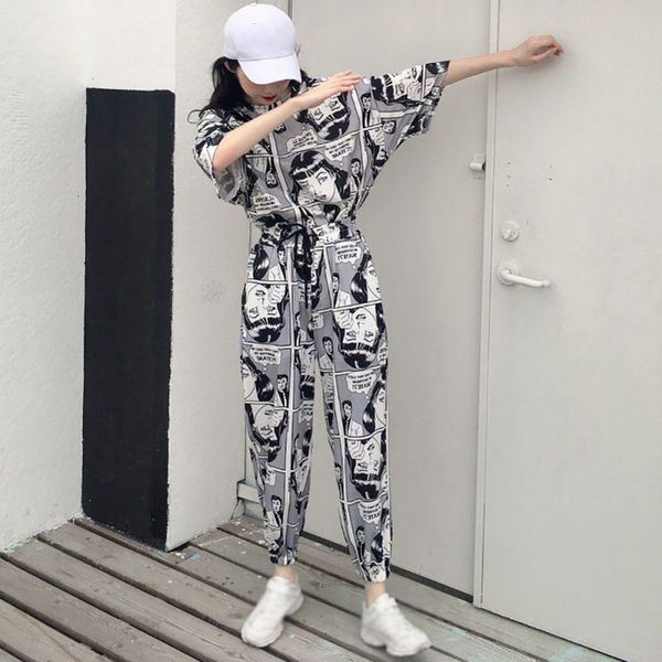 

women harajuku two piece set short sleeves o neck t shirt tops+long pants casual tracksuits fashion cartoon printed suit hip hop, White