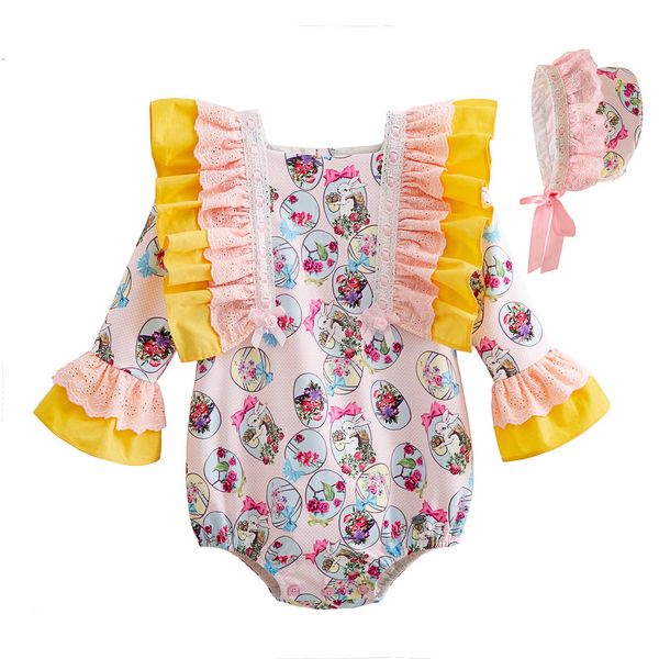 

Pettigirl ea ter prince co tume with bonnet cute floral printed baby girl romper fa hion kid clothe for girl g dmrr112 b484