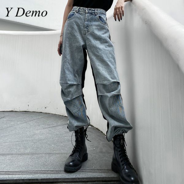 

y demo streetwear grunge casual jeans women high waist pockets color patchwork denim cargo pants 2020, Blue