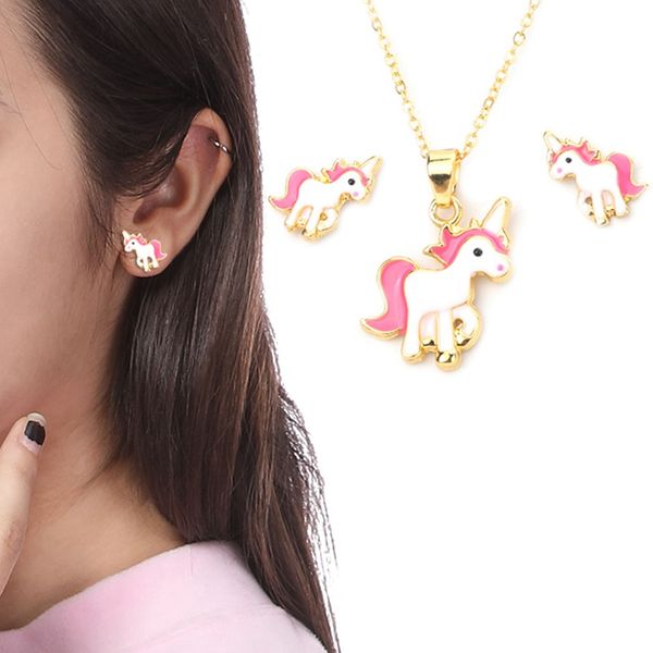 

animal jewelry set chain kids jewelry cartoon horse unicorn necklace earring unicorn sets for girls gifts, Silver