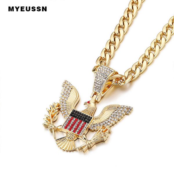 

bald eagle badge necklace&pendant charm animal chain necklace gold/silver iced out crystal cuban chain men hip hop jewelry gift