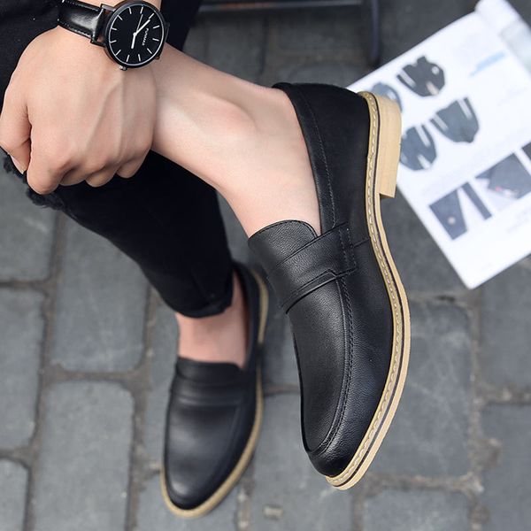 

new oxford shoes for men leather 2018 slip on front men dress shoes fashion pointed toe leather male flats, Black