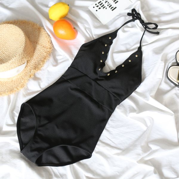 

new young girl black red halter swimwear retro one piece swimsuit beach chest pad high waist women bathing suits, White;black