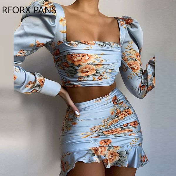 

women floral print long sleeve square collar crop & ruffles skirt sets two piece set, White