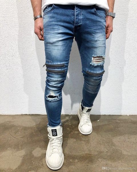 

knee holes jeans for men fashion slim fit ripped pencil pants punk rap male trousers