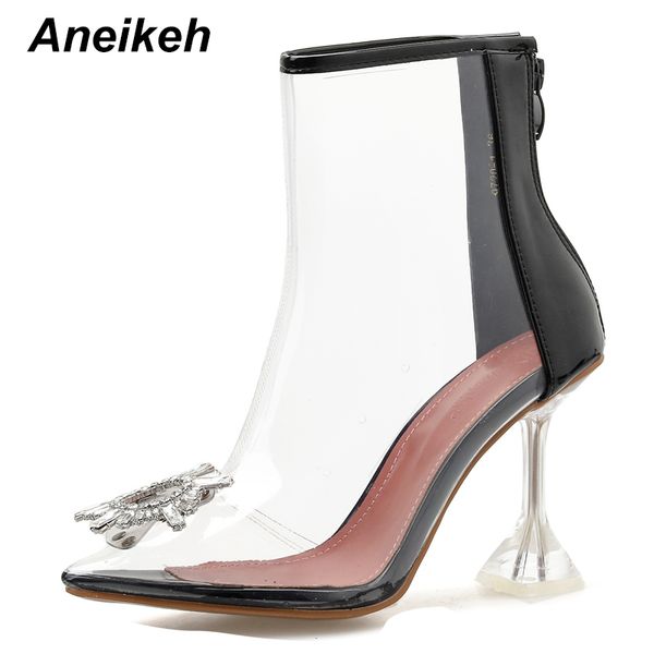 

aneikeh rhinestone flower pvc transparent ankle boots women pointed toe zipper crystal high heels transparent ladies shoes, Black