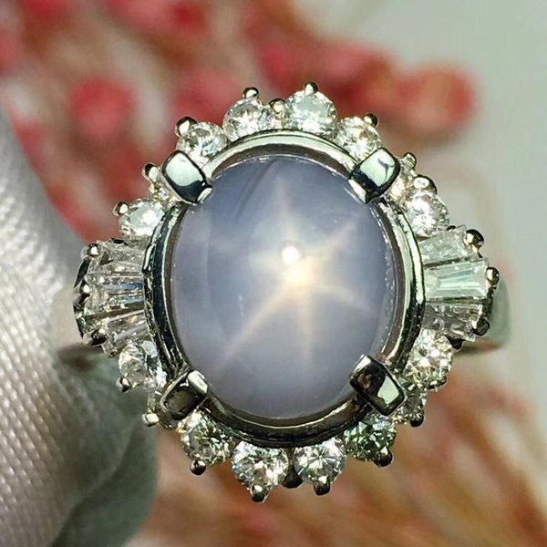 

fine jewelry pt900 real platinum gold 100% natural blue star sapphire 5.43ct gemstones sapphire diamonds female wedding rings, Golden;silver